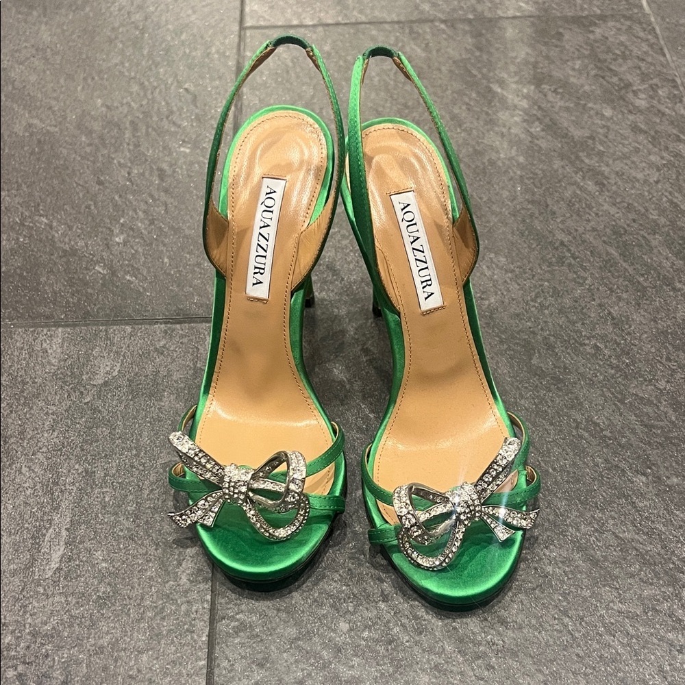 Aquazzura Emerald Satin Heels with Crystal Bow